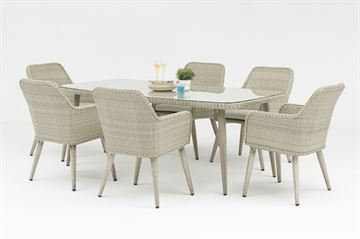 Havesæt model Marbella. 6 stole + 200 cm bord i lys gråt rundt polyrattan.